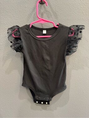 Black Ribbed Baby One-Piece Bodysuit with Sheer Polka Dot Ruffle Sleeves